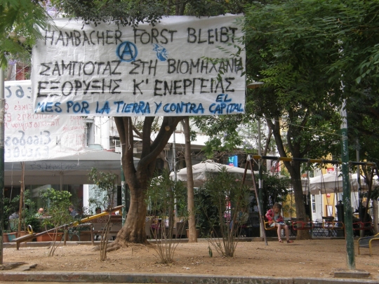 Exarchia Square: “Hambach Forest stays – Sabotage against the mining and energy industry – Month for the Earth and against the Capital”